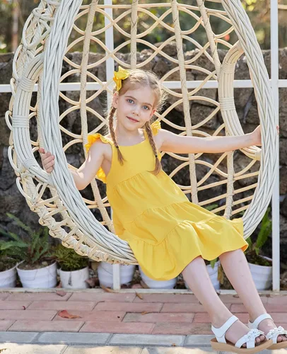 Miniatura 4 de Vieille Vestido de verano para niñas pequeñas, con volantes, sin mangas, casual, vestido de playa, escalonado, vestido de princesa para 2-8 años