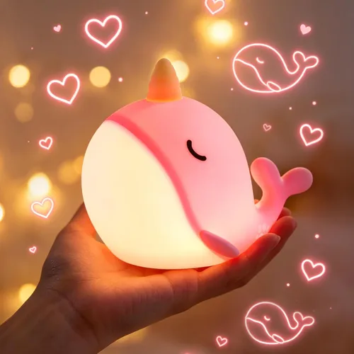Miniatura 10 de Fuloon Narwhal - Luz nocturna con forma de ballena, lámpara de silicona blanda para niños, control táctil seguro y relajante para niños y bebés