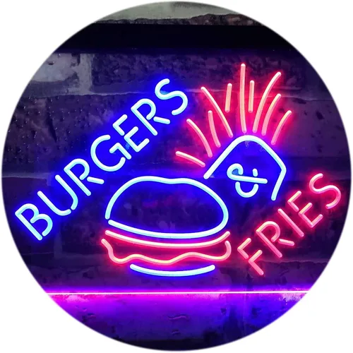 ADVPRO Burgers & Fries Fast Food Open Shop - Letrero de neón LED de doble color, azul y rojo, 16 x 12 pulgadas, st6s43-i3192-br