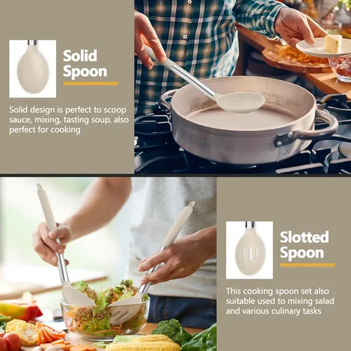 Miniatura 7 de P&P CHEF Juego de 4 utensilios de cocina de color caqui, espátulas sólidas de silicona, cucharas ranuradas para utensilios de cocina antiadherentes