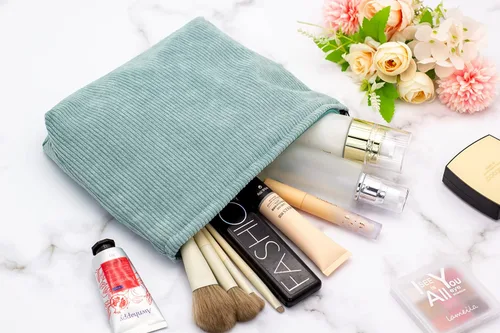 Miniatura 5 de Pazimiik Bolsa de maquillaje grande con cremallera, de pana, para bolso de viaje, organizador de cosméticos para mujeres, almacenamiento de Pana Azul