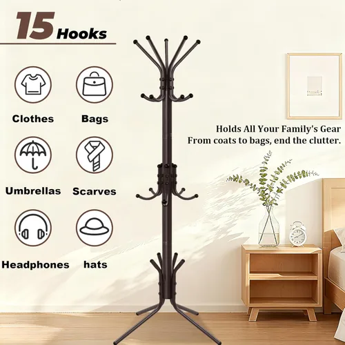 Miniatura 6 de Perchero de metal, árbol de abrigo independiente y árbol de pasillo con 15 ganchos, soporte de abrigo resistente y estante para sombreros, colgador