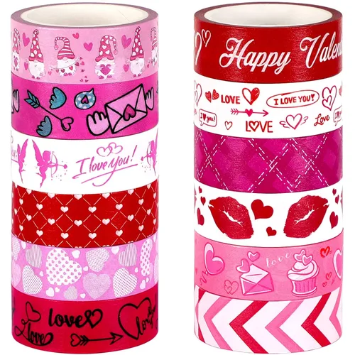 SANNIX 12 rollos de cinta Washi para el día de San Valentín 15mm rojo y rosa cinta adhesiva de amor para San Valentín, cintas de carrocería para