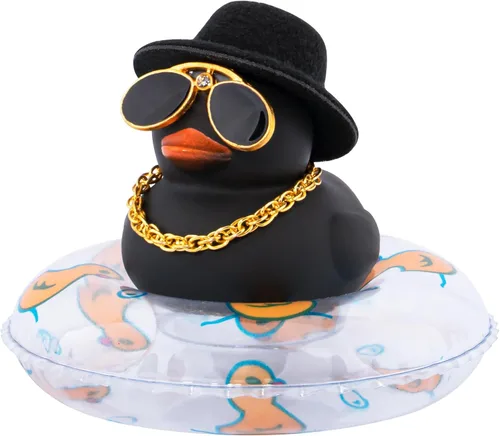 wonuu Adorno de pato para automóvil, decoración de tablero de goma para tablero de automóvil, accesorios con anillo de natación, gafas de sol,