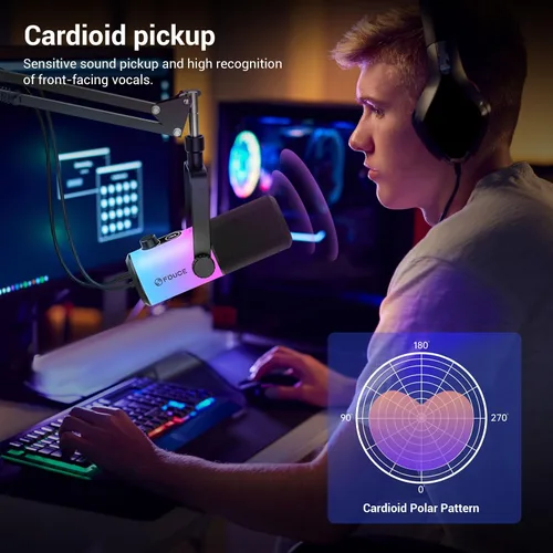 Miniatura 6 de FDUCE Juego de micrófono dinámico para juegos, micrófono de computadora USB/XLR para podcast con soporte de brazo extensible, luz RGB, botón