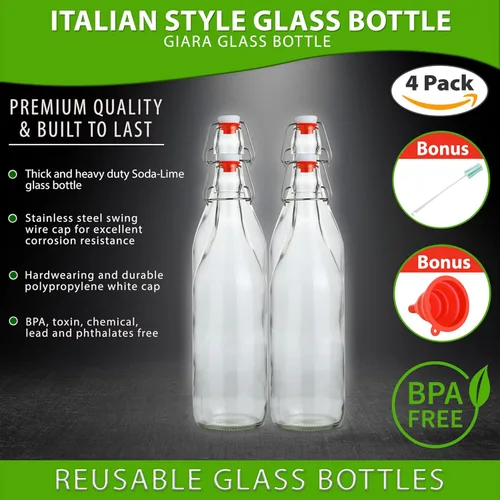 Miniatura 3 de AYL Botella de vidrio abatible [1 litro / 33 onzas líquidas] [Paquete de 4] – Botella de cerveza oscilante con tapón para bebidas, aceite, vinagre