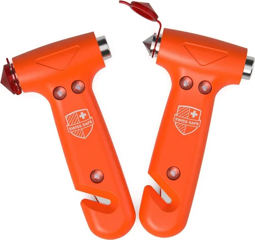 Swiss Safe Martillo de Seguridad para Auto Durazno 5-1 Rompecristales con Cortador de Cinturón de Seguridad - Martillo de Escape de Emergencia -