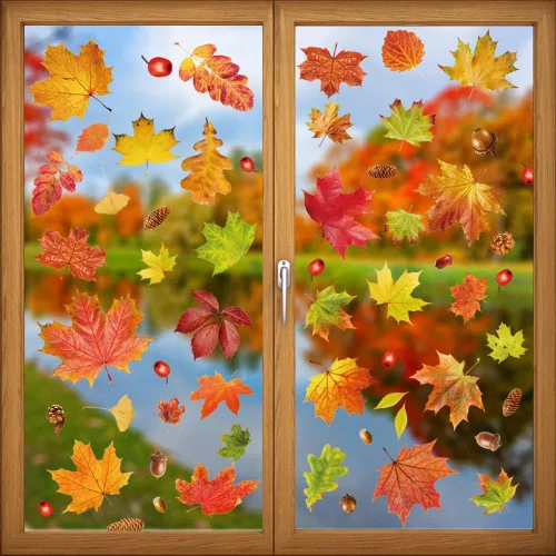 YUJUN 6 hojas de calcomanías de ventana de otoño de Acción de Gracias, hojas de arce, conos de pino, calcomanías para ventana de vidrio de otoño,