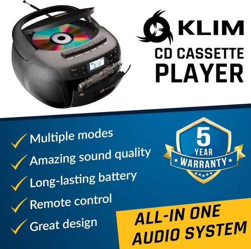 Miniatura 2 de Reproductor de CD y reproductor de cinta de cassette KLIM, Boombox Bluetooth, radio AM/FM, sonido estéreo, control remoto, combo de CD y cinta