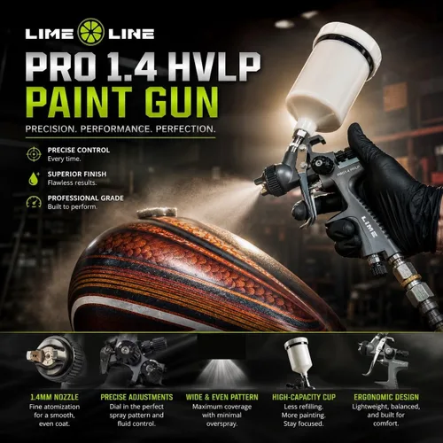 Miniatura 6 de LiME LiNE 1,4 mm PRO HVLP Pistola de pintura para capas base, capas claras y imprimaciones automotrices. (Bonificación) Juego de taza de pintura