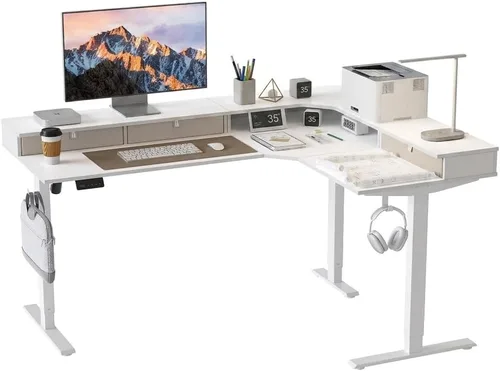 Miniatura 13 de CubiCubi 63x48 Inches L Shaped Standing Desk with 3 Drawers and Monitor Shelf, Height Adjustable Corner Computer Desk with Hooks, Sit Stand Up