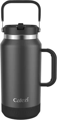Miniatura 19 de Vaso de 30 onzas con tapa y pajita, vasos de acero inoxidable con aislamiento al vacío con pajita plegable y asa superior, botella de agua aislada