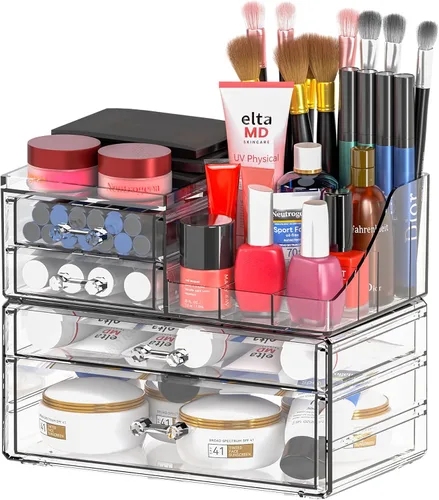 Miniatura 7 de SUOXING Organizador de Maquillaje Acrílico Transparente para Tocador, Baño, Cómoda, Organizadores de Maquillaje de 4 Cajones para Mostrador