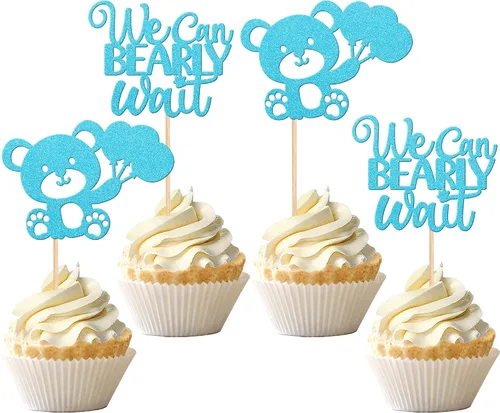 24 PIEZAS Oso de Peluche con Texto "We Can Bearly Wait" Adornos de Cupcake con Purpurina, Globo Oso para Revelación de Género, Adornos de Baby