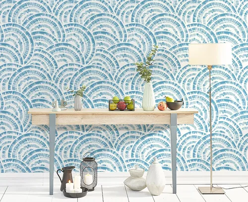 Miniatura 7 de Toduso Papel tapiz geométrico de 17.3 x 196.8 pulgadas, papel tapiz para despegar y pegar, papel de pared de círculo azul blanco y azul, papel