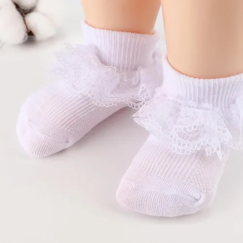 Miniatura 6 de AQOKKA Paquete de 4 calcetines de encaje con ojales y volantes, calcetines de encaje para recién nacidos, niños pequeños, con volantes de verano
