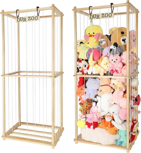 Estante organizador grande de peluche de 63 pulgadas para niños, estante organizador de almacenamiento de felpa de madera con cordón elástico para