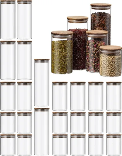 Qinyoung Tarros de almacenamiento de vidrio con tapas de madera, 4 tamaños, recipientes de almacenamiento de alimentos, recipientes transparentes