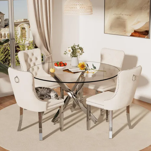 Miniatura 44 de Juego de mesa de comedor redonda de cristal moderno de mediados de siglo para 4, juego de vajilla circular de lujo plateado de 5 piezas, juego