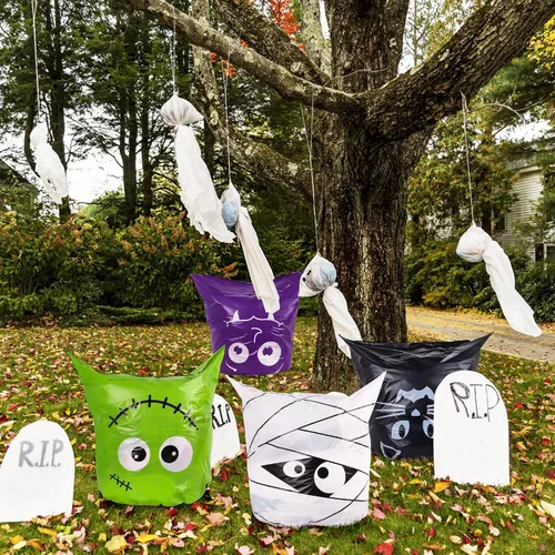 Miniatura 2 de Paquete de 12 bolsas de basura de plástico resistentes con lazos giratorios, 6 diseños de bolsas de basura grandes de calabaza para jardín, césped
