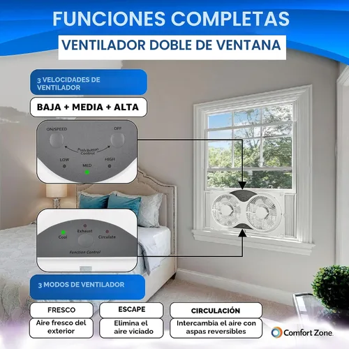 Miniatura 3 de Comfort Zone Ventilador de ventana para dormitorio, ventiladores duales de 9 pulgadas y 3 velocidades con expansores de bloqueo automático