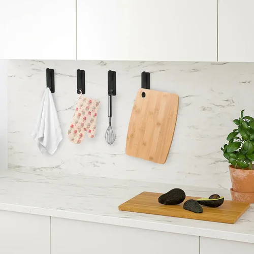 Miniatura 7 de Ganchos adhesivos negros para toallas de baño montados en la pared, paquete de 4 ganchos para toallas de baño, soporte para bata, gancho de acero
