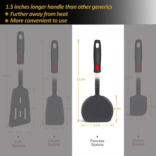 Miniatura 3 de Espátula volteadora de silicona para panqueques con mango alargado, espátulas de cocina resistentes al calor para utensilios de cocina Gris profundo