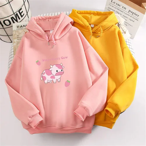 Miniatura 4 de Sudaderas con capucha para mujer con estampado de vaca de fresa casual mullidas