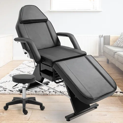 Silla de tatuaje de salón de masaje con dos bandejas, cama esteticista con taburete hidráulico, mesa de cama facial multiusos de 3 secciones, equipo