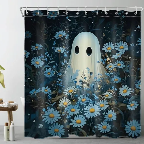 Miniatura 7 de HVEST Cortina de ducha con ganchos, calabaza espeluznante y fantasma con sombrero de bruja negro, juego de cortina de ducha naranja con flores