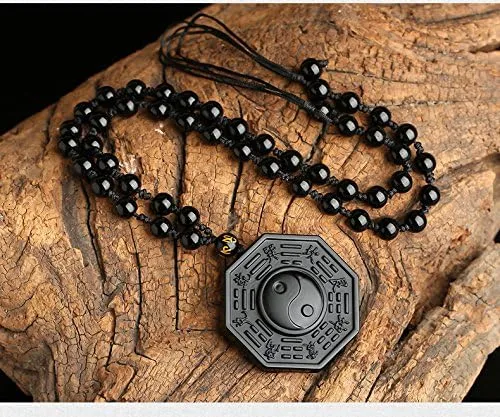 Miniatura 4 de Kitch Aroma Natural Tai Chi Grabado Negro Piedras de Obsidiana Colgante Collar con Extend Bead Chain