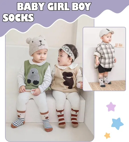 Miniatura 2 de Yebing Calcetines para bebés y niños pequeños, calcetines antideslizantes con agarres, calcetines de algodón para regalos