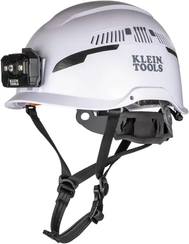 Klein Tools 60526 Casco de seguridad, casco de seguridad tipo 2 con faro recargable, ventilado, clase C, color blanco