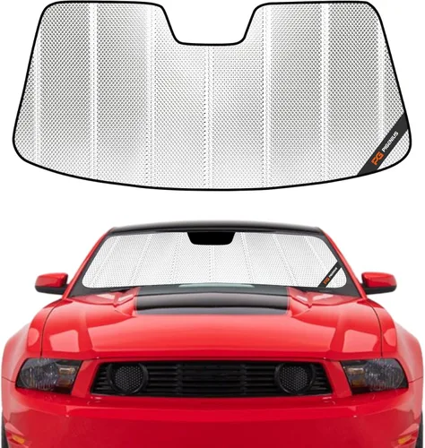 Miniatura 21 de Protección solar para parabrisas Pigenius para Ford Mustang 2015-2023 sin cámara montada en el espejo retrovisor - Metálico Plateado metálica