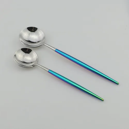 Miniatura 8 de Juego de cubiertos Coloful Rainbow Handle Silver de 5 piezas, espejo de acero inoxidable 18/10, servicio para 1 plateado
