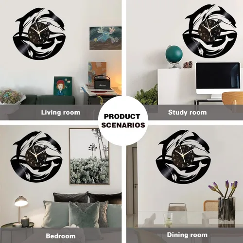 Miniatura 2 de KingLive Dolphin Fish - Reloj de pared de disco de vinilo de 12 pulgadas (11.8 in), color negro, moderno, decorativo, hogar, oficina, niños