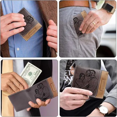 Miniatura 2 de Amlion Carteras personalizadas, cartera de piel grabada para fotos, para hombres, papá, marido, Rojo Marrón, Minimalista