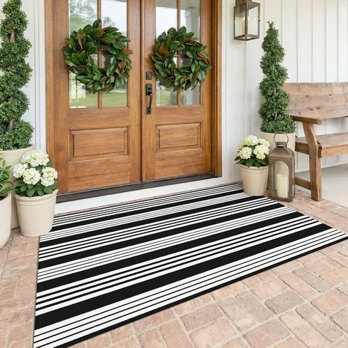 Miniatura 39 de KOZYFLY Alfombra a rayas blancas y negras de 2 x 3 pies, tejido de algodón, lavable, para interiores y exteriores, alfombra pequeña para puerta