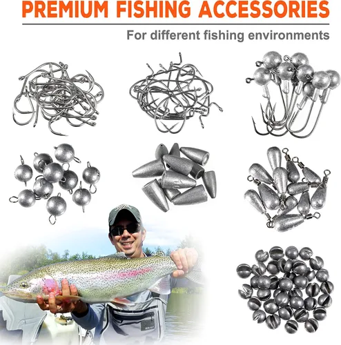 Miniatura 6 de PLUSINNO Kit de 264 piezas de accesorios de pesca, caja de aparejos organizada con aparejos incluidos, pesas y plomos de pesca, anzuelos