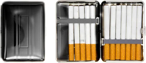 Miniatura 8 de Juego de 2 cajas de cigarrillos compactas chapadas en metal tamaño King con bandas elásticas (pergamino victoriano dorado)