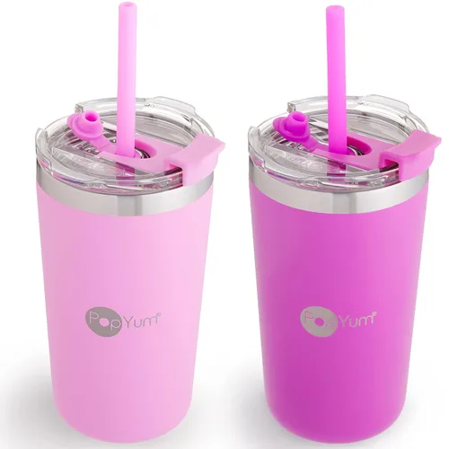 Miniatura 16 de PopYum - Vasos de acero inoxidable para niños, 9 onzas, morado, rosa, paquete de 2 Aislado, aspiradora de doble pared, tapa y pajilla, apilable, a