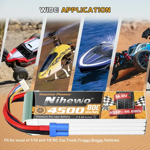 Miniatura 2 de Batería Lipo 4S de 14.8 V, 4500 mAh, 80 C, con enchufe EC5, compatible con escala 1/10 1/8, automóvil, camión, vehículo, avión, helicóptero, barco