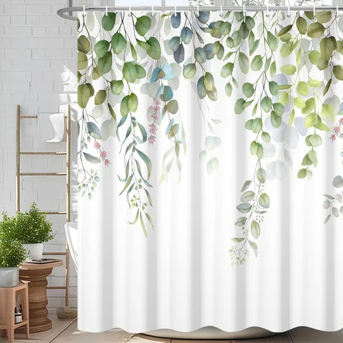 Miniatura 15 de Cortina de ducha de eucalipto verde salvia Velaequezii con plantas de acuarela, hojas botánicas de primavera impresas, cortina de baño impermeable