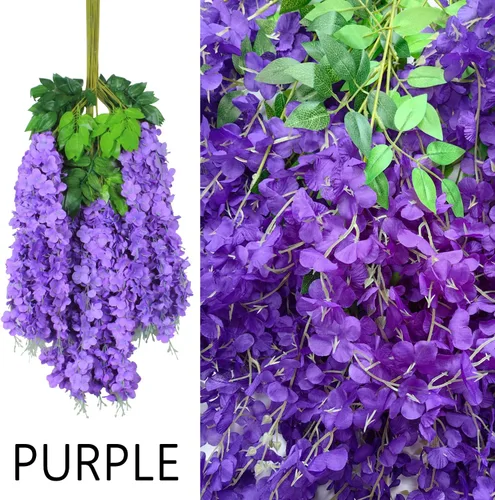 Miniatura 2 de 6 piezas de flores de glicinia artificiales de 3.6 pies/pieza, vid artificial y rata, guirnalda colgante, flores de seda, decoración púrpura densa