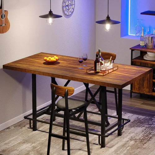 Miniatura 3 de Tribesigns Mesa de bar, mesa de pub industrial de altura de mostrador con reposapiés de metal, mesa de comedor rectangular de madera de 63 pulgadas