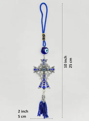 Miniatura 2 de LUCKBOOSTIUM Adorno colgante con dije de cruz con centro de mal de ojo y cristal azul y borlas, letrero para buena suerte, salud y protección