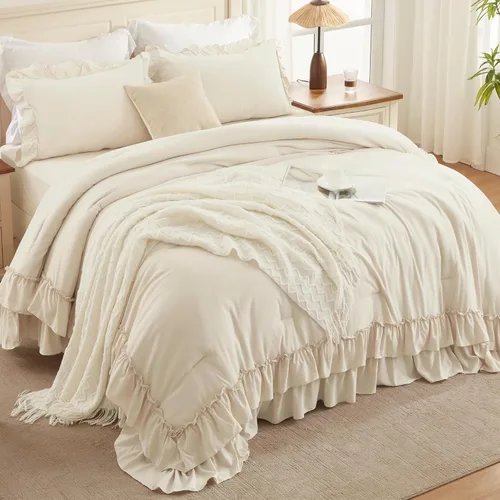 Miniatura 2 de Andency Juego de edredón beige tamaño individual, juego de ropa de cama y colecciones de 2 piezas, bohemio, ligero, esponjoso, con volantes