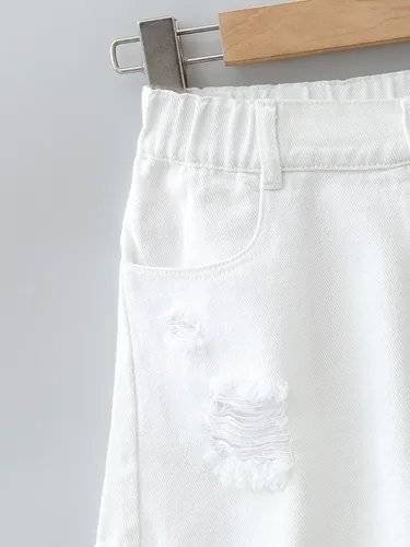 Miniatura 3 de OYOANGLE Pantalones cortos de mezclilla de pierna recta con dobladillo rasgado y bolsillo para niña