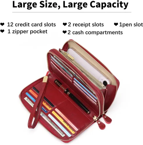 Miniatura 2 de SENDEFN Carteras de cuero para mujer, bloqueo RFID, doble cremallera alrededor del tarjetero de crédito, gran capacidad, 1-cera-vino tinto, Moderno