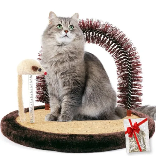 Happi N Pets Acicalador Automático para Gatos Grandes, Cepillo de Aseo en Arco con Almohadilla de Rascado de Madera Pesada, Poste para Frotarse y
